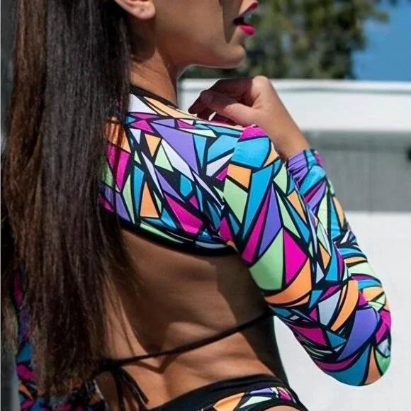 Rolita Couture Bold Colorful Neon Stained Glass Print Festival Buckle Crop Top - Picture 1 of 14